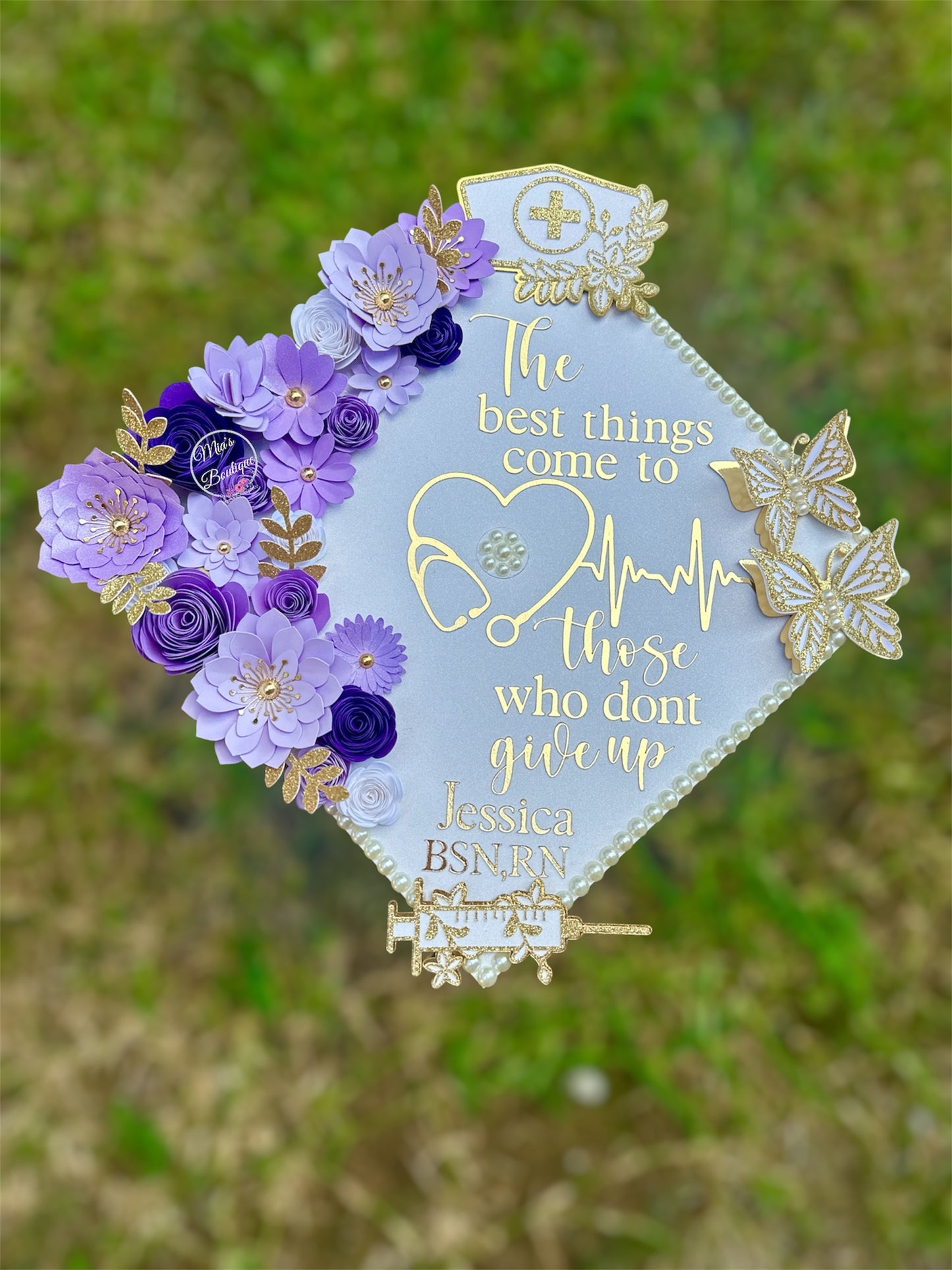 Custom Personalized Heart Stethoscope Nursing Is A Work Of Heart Nurse Graduation Cap Topper White Gold Flowers Gold Butterflies