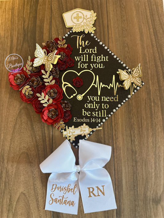 Custom Personalized Graduation Cap Topper Nurse, Red  flowers, Black,Gold flowers Butterflies
