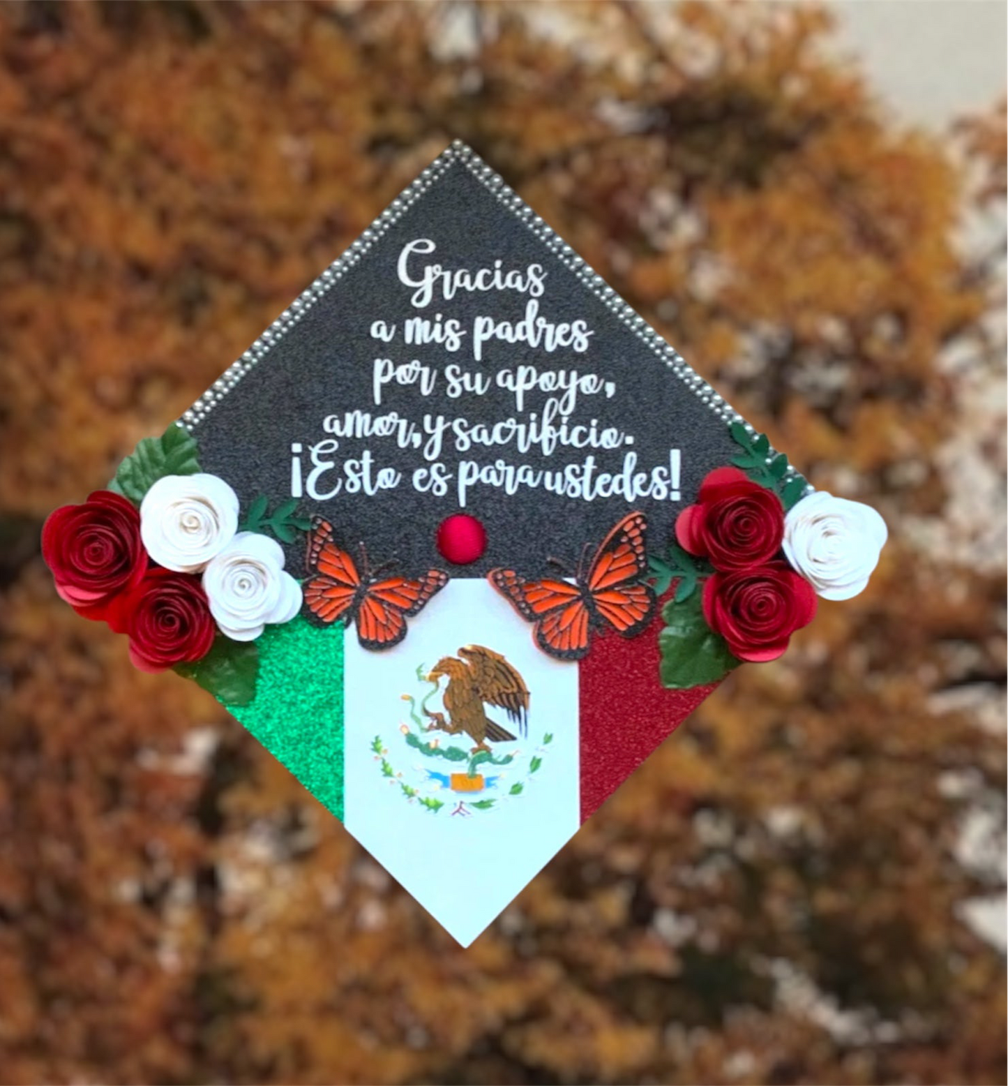 Custom Personalized Mexican Graduation Cap Topper with Floral Sunflower and Monarch butterfly’s Mexico Heritage Graduation Cap Topper