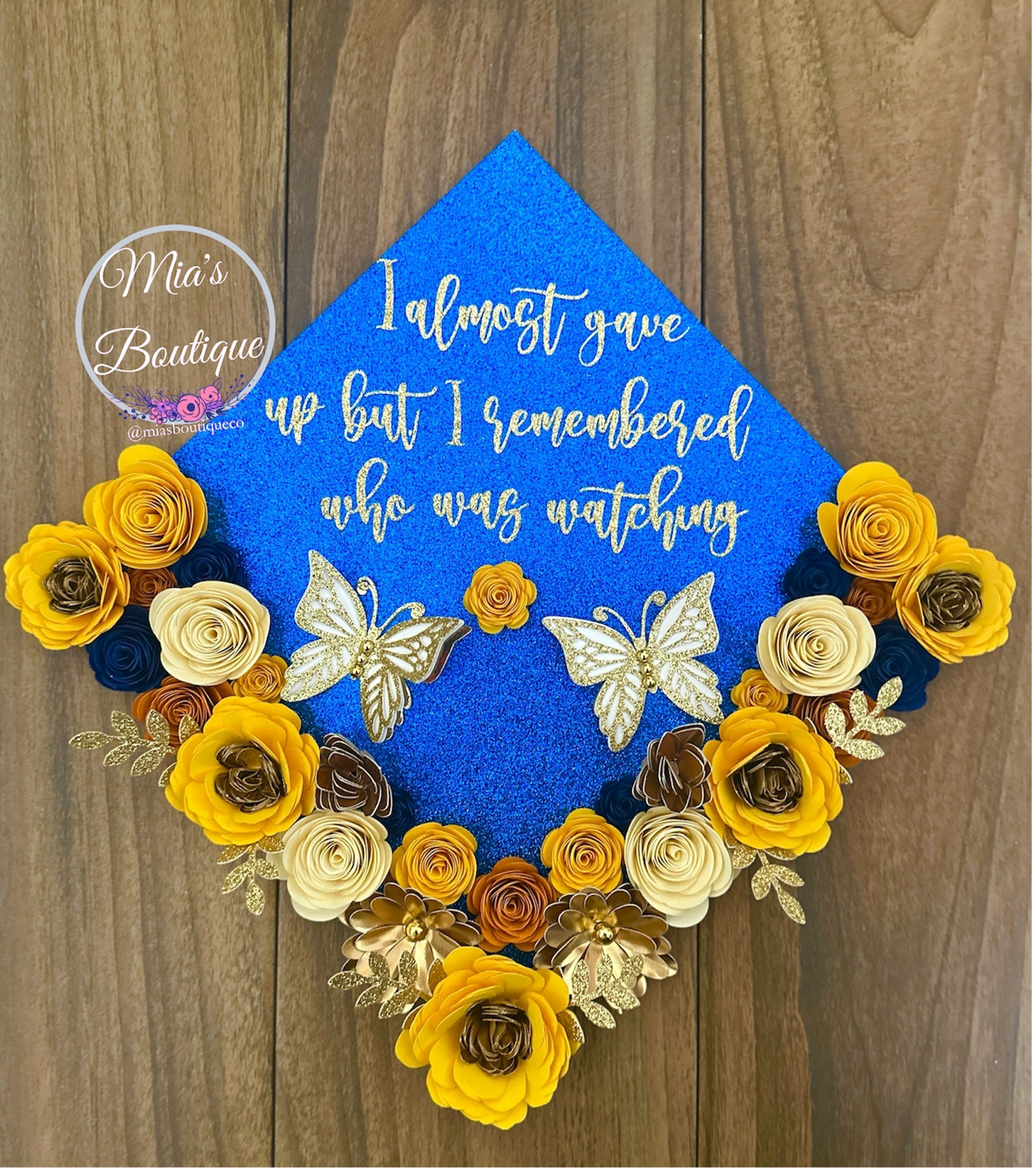 Custom Personalized Graduation Cap Topper Sunflowers Yellow Blue Gold Butterflies