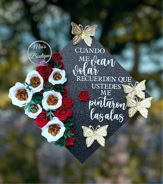 Custom Personalized Mexican Graduation Cap Topper with Floral Sunflowers red flowers and gold butterflies, Virgen de Guadalupe Mexico Graduation Cap