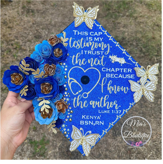 Custom Personalized Graduation Cap Topper Nurse Blue Flowers Gold Butterflies Nurse Heart Gold Syringe
