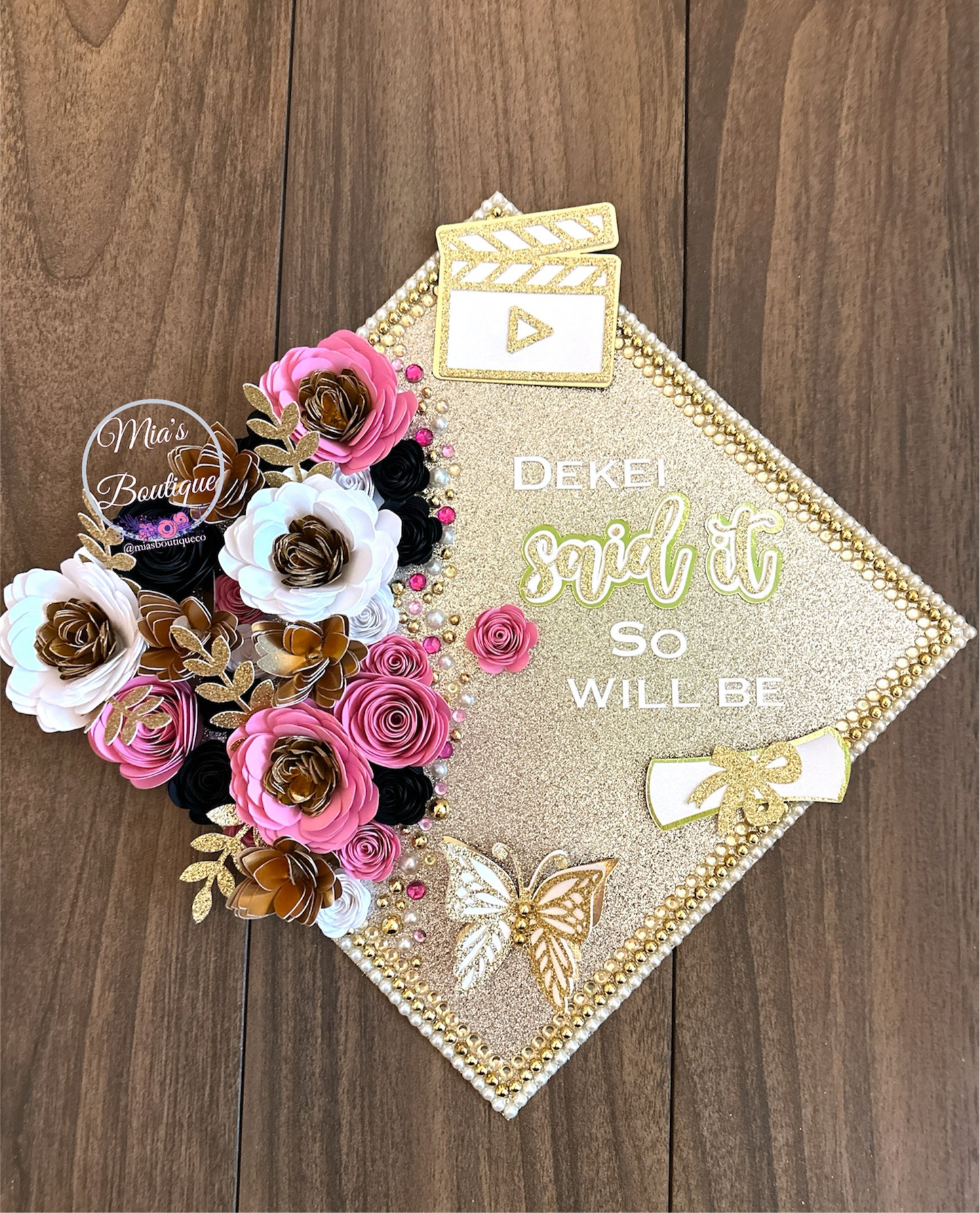 Custom Graduation Cap Topper Pink Black Floral Sunflowers Gold Butterfly