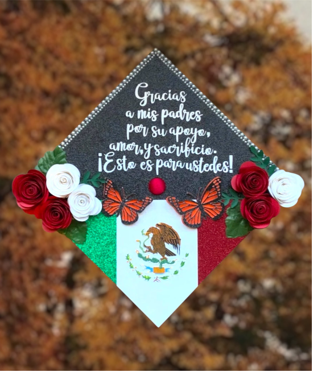 Custom Personalized Mexican Graduation Cap Topper with Floral Sunflower and Monarch butterfly’s Mexico Heritage Graduation Cap Topper