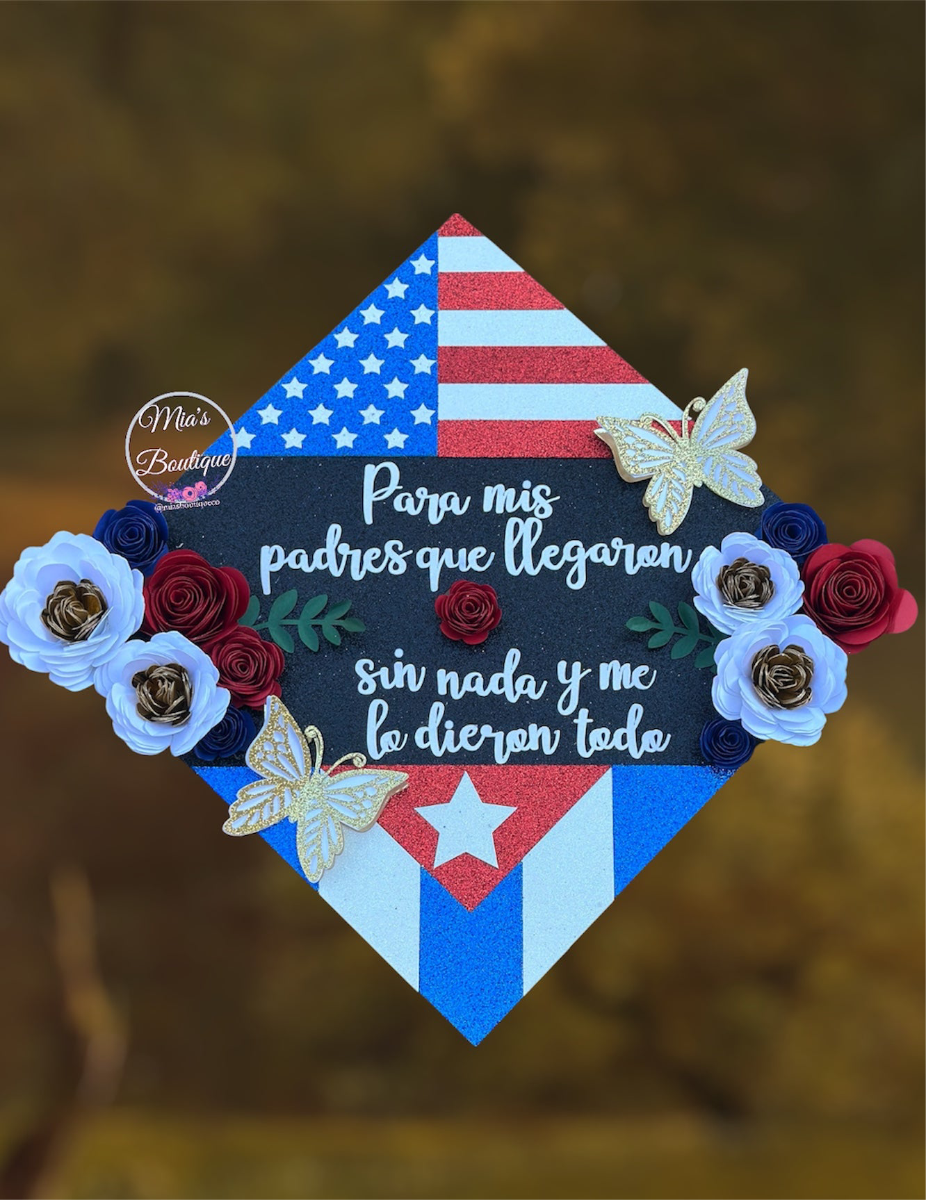 Custom Personalized Cuba Graduation Cap Topper Cuban Flag floral sunflowers Gold butterflies