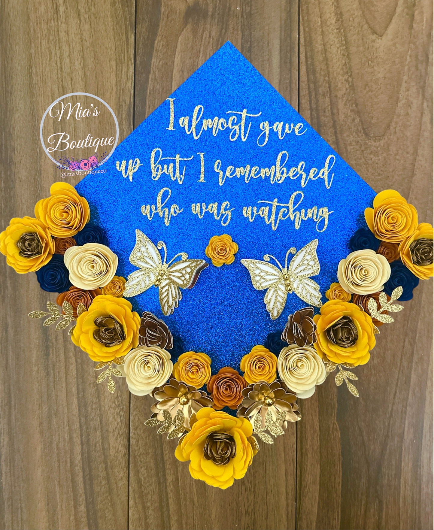 Custom Personalized Graduation Cap Topper Sunflowers Yellow Blue Gold Butterflies