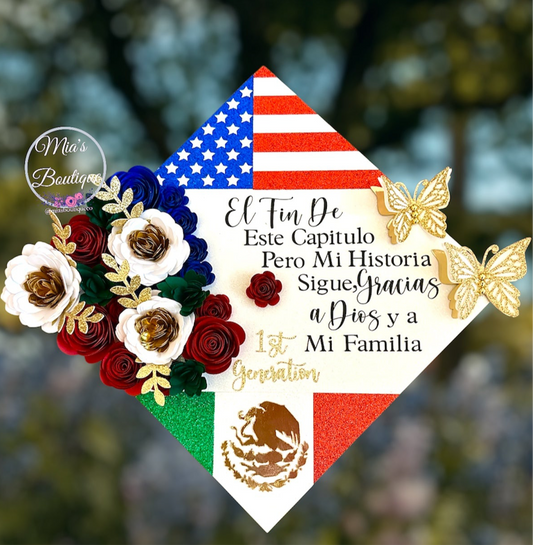 Custom Mexican Graduation Cap Topper Floral Sunflower Roses 
Mexican and USA Heritage Country