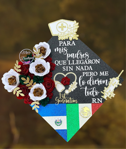 Custom Personalized El Salvador Graduation Cap Topper Salvador  Flag Floral sunflower gold butterflies Para Mis Padres