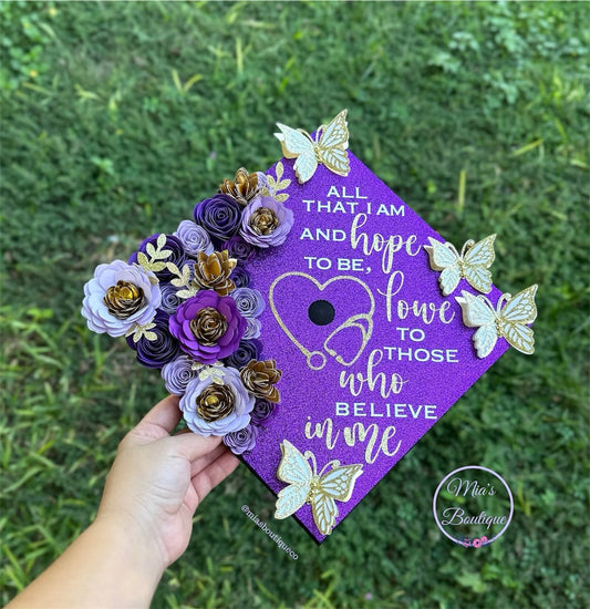 Custom Personalized Graduation Cap Topper Purple shades & Gold flowers with gold butterflies