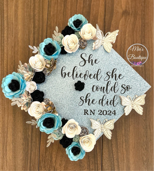 Custom Personalized Graduation Cap Topper Nurse Blue, Black, Silver, Gold Butterflies