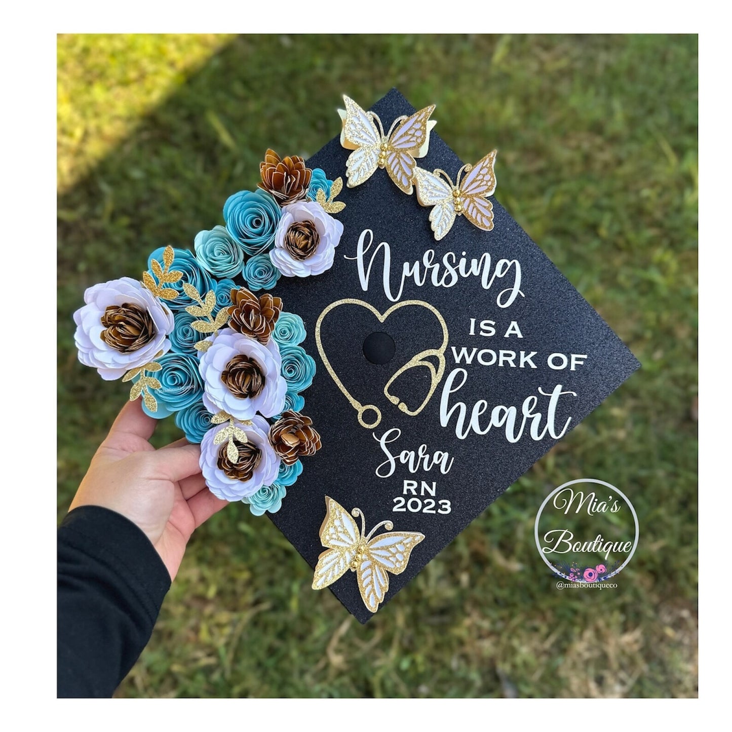 Custom Personalized Heart Stethoscope Nursing Is A Work Of Heart Nurse Graduation Cap Topper White Gold Flowers Gold Butterflies