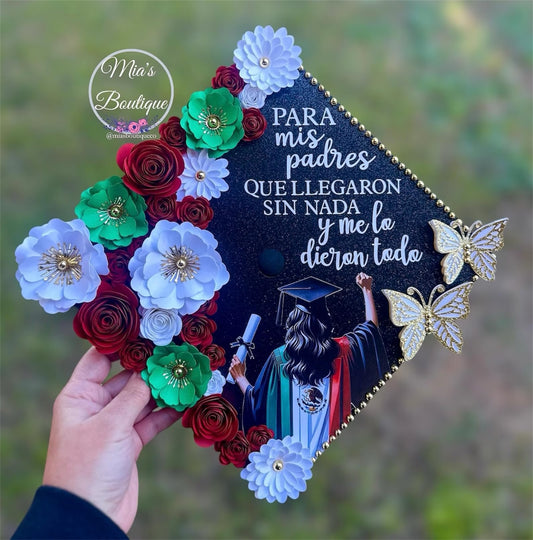 Custom Personalized Mexico Graduation Cap Topper Para Mis Padres Floral Sunflower Mexican Grad Cap