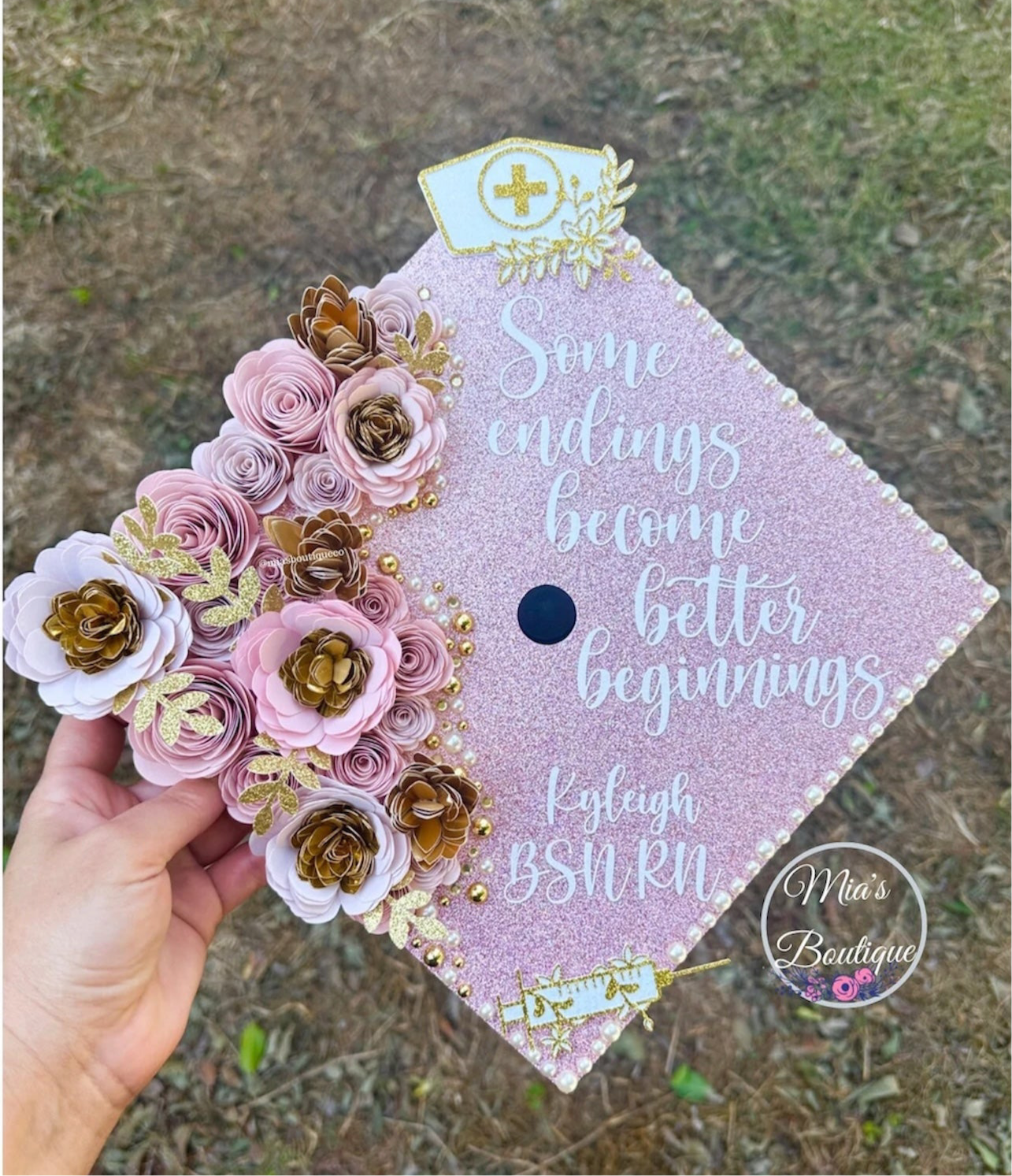 Custom Personalized Graduation Cap Topper Nurse Sunflowers Pink Flowers Gold Butterflies Nurse Hat and Gold Syringe, Nurse Student Nurse Hat