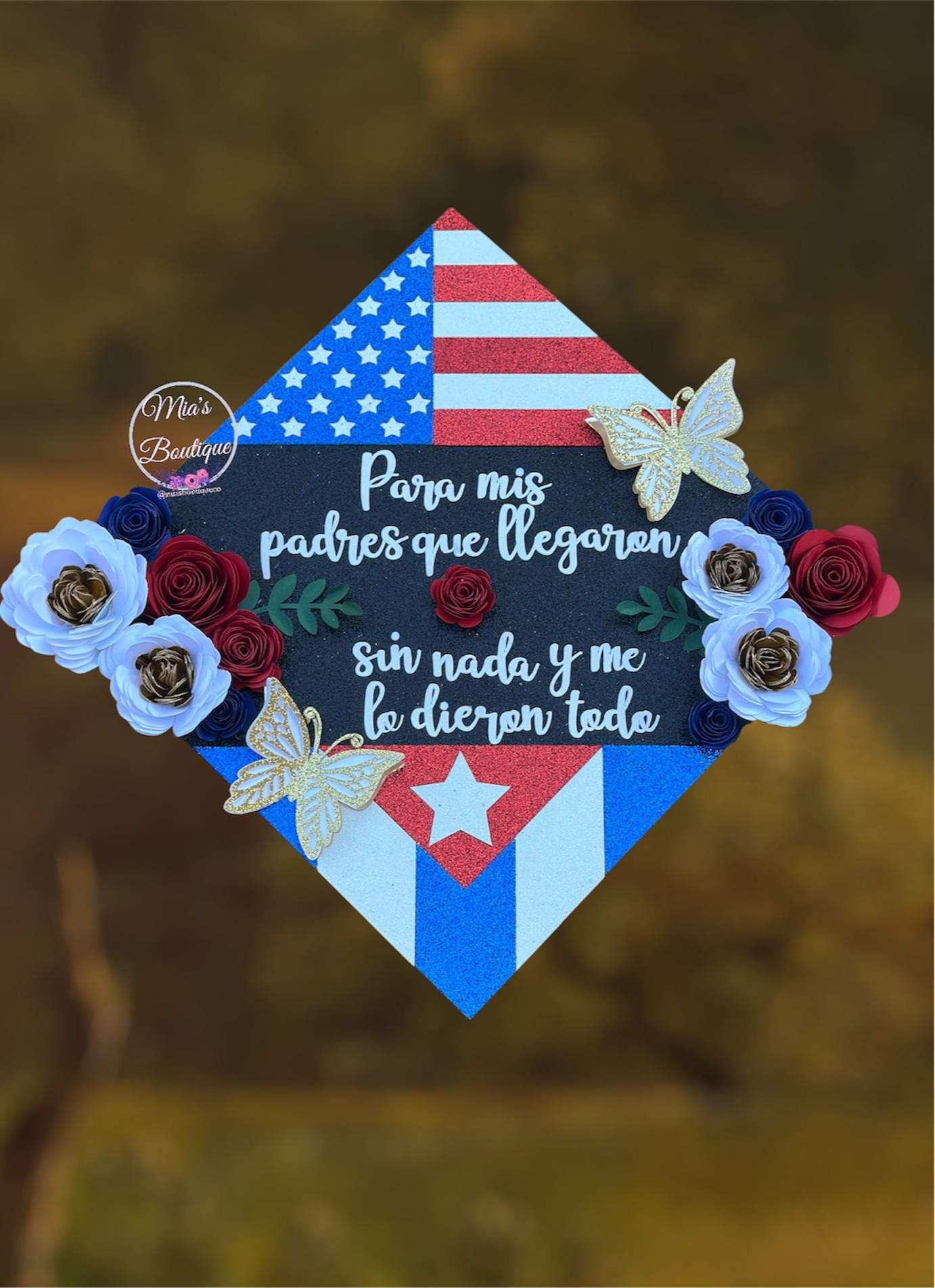 Custom Personalized Cuba Graduation Cap Topper Cuban Flag floral sunflowers Gold butterflies