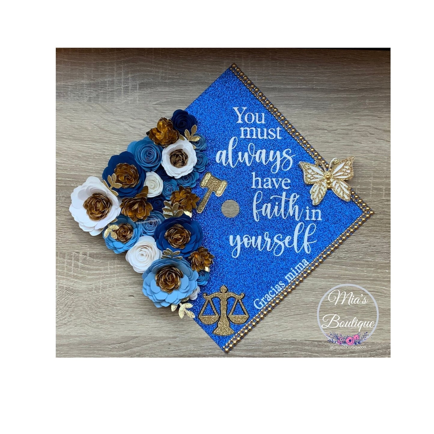 Custom Law Graduation Cap Topper Criminal Justice Blue Floral Sunflowers Gold Butterfly