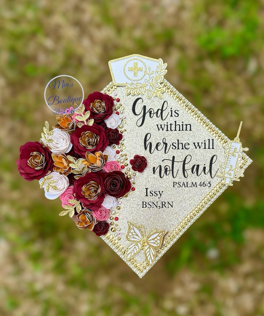 Custom Nurse Graduation Cap Topper Sunflowers Flowers Gold Butterflies Nurse Hat and Gold Syringe, Nurse Student Nurse Hat