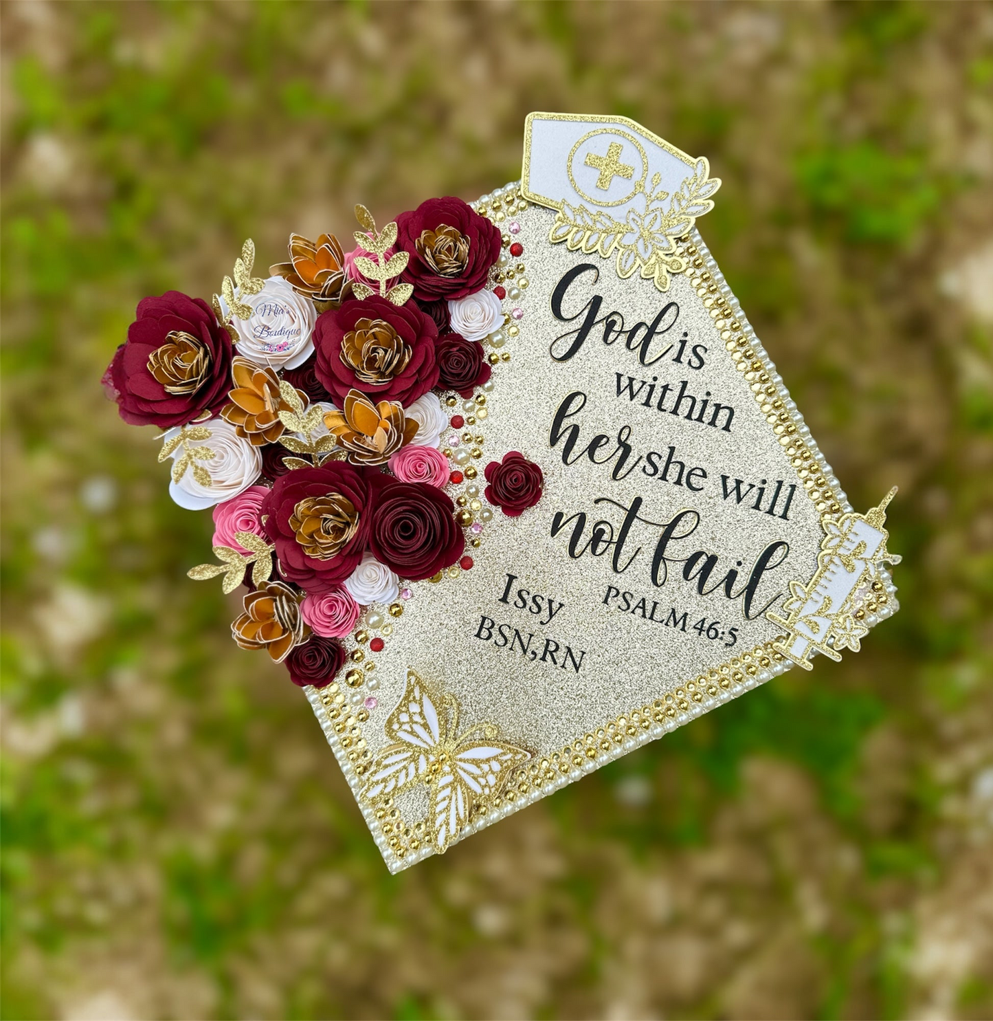 Custom Nurse Graduation Cap Topper Sunflowers Flowers Gold Butterflies Nurse Hat and Gold Syringe, Nurse Student Nurse Hat