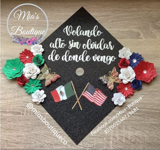 Mexico & US Floral Graduation Cap/ Glitter Graduation Cap/ Custom Graduation Cap